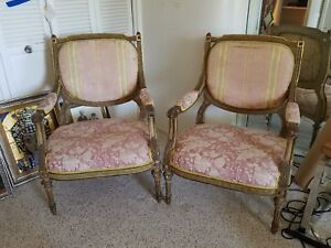 Stunning Antique Pair French Louis 16th Style Bergere Chairs W Painted Finish