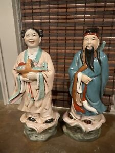 Antique Chinese Porcelain Figurine Pair 16 Tall Each