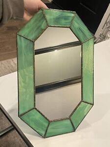 Stained Glass Mirror Green Vintage Irregular Octagon Art 16x11 Small Defect