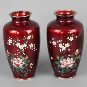 Japanese Translucent Cloisonne Ginbari Urn Vases Sato Japan Married Set 7 In Red
