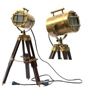 Vintage Model Searchlight Wood Antique Tripod Style Lamps Led Brown Brass