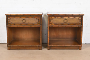 Drexel Hollywood Regency Chinoiserie Walnut Faux Bamboo Nightstands Pair