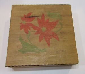Old Handkerchief Box Pyrography Wood Burned Flemish Art Christmas Poinsettia