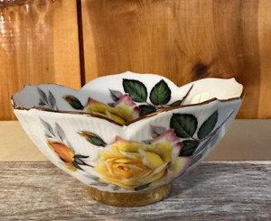 Bone China Yellow Roses Small Dish Bowl Gold Rimmed Hand Painted Signed 1974
