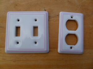 Vintage Double Light Switch Plate Outlet Cover White Porcelain Pink Border