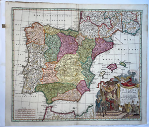 Spain Portugal Matheus Seutter 1730 Nice Large Antique Map 18th Century
