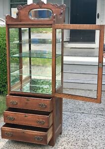 Antique 19th C Victorian Tiger Oak Medical Physicians Cabinet China Cabinet