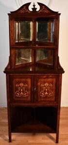 1880 English Victorian Rosewood Inlaid Corner Cabinet Display Cabinet