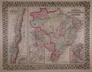 Authentic 1878 Mitchell S Atlas Map Brazil Chili Bolivia Frees H