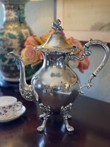 Large Lion Footed Silverplate Coffee Pot With Floral Finial Vintage