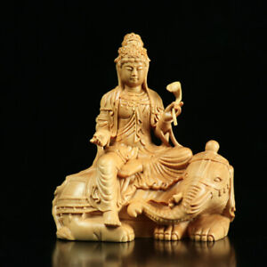 11cm Natural China Boxwood Wood Hand Carved Samantabhadra Buddha Statue