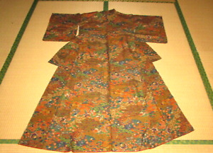 Kimono Silk Flower Butterfly Pattern 61 Inch Antique Tapestry Old Art Japanese
