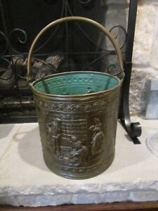 Vintage Brass Fireplace Bucket With Colonial Scene For Coal Or Firewood