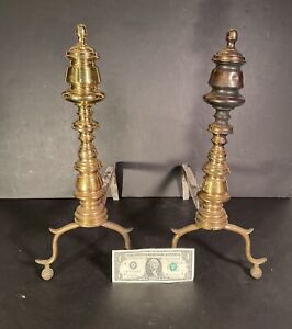 Early 1800 S Federal Era Peened Antique Solid Brass Heavy Fireplace Andirons