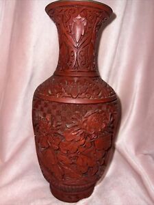 Vtg Chinese Red Cinnabar Fine Hand Carved Lacquer Brass Vase Enamel Floral 6 5 