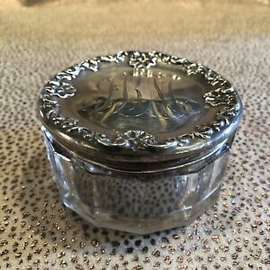 Antique English Silver And Glass Round Dresser Box With Monogram 1 5 X 3 25 