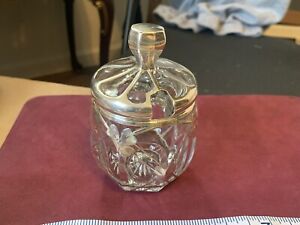 Antique Art Nouveau Monogram Glass Jar With Lid Sterling Silver Overlay