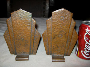 Antique Usa Heavy Art Deco Hand Hammered Tooled Copper Home Desk Book Bookends