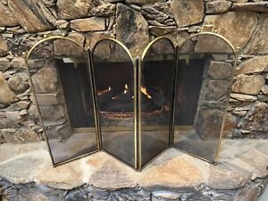 Antique Vintage Fireplace 4 Panel Reinforced Brass Fire Screen Brass Handles