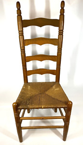 Antique Handmade 44 Rush Seat Ladder Back Quaker Amish Dining Sewing Chair