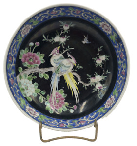Antique Chinese Famille Noir Bowl 8 5 Birds Flowers Blue Trim Signed