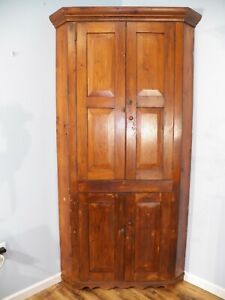 Antique Primitive Corner Cupboard Cabinet Raised Panel 4 Door Pine Rustic