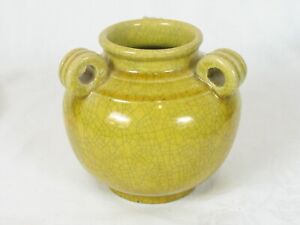 Vintage Awaji Pottery Japan Tripple Handled Small Vessel Vase Crackled Yellow