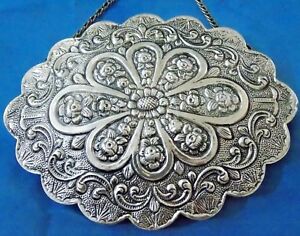 Rare Antique Ornate Coin Silver 900 1000 Vanity Mirror With Chain Sterling 396 G