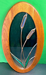 Vintage Stained Glass Wood Framed Mirror By Orpheus Cattails 21 T X 10 5 L