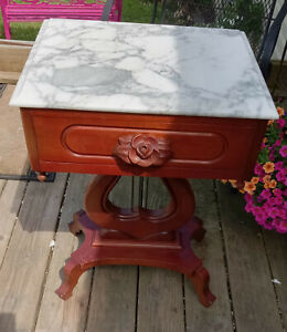 Carved Mahogany Marble Top Lyre Base End Table Nightstand By Victorian Ns103 