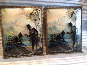 Pair Glass Convex Silhouette Southern Bell Lady Mountain Framed Picture Vintage