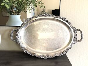 Large Vintage Ornate Oval Silver Plated Serving Tray With Handles Etched