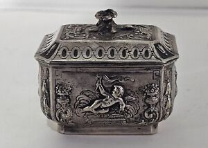  800 Sterling Silver Antique Lidded Box With Repousse Cupids And Flowers