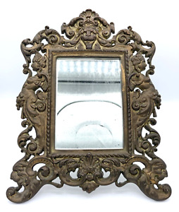 Antique Baroque Rococo Gilt Bronze Vanity Tabletop Mirror Frame Lion Head Angel