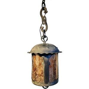 Antique American Lafayette Hughes Mansion Wrought Iron And Mica Pendant Lantern