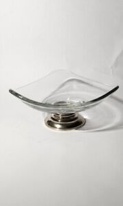 Triangle Shaped Crystal Bowl Mid Century Modern Danish Sterling Silver Footed