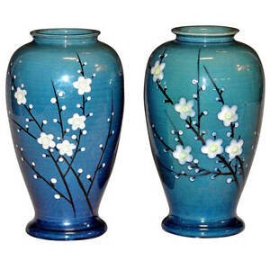 Pair Old Antique Japanese Awaji Enamelled Prunus Cherry Blossom Art Pottery Vase