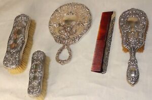  5 Antique Gordam Sterling Silver Dresser Set Mirror Hair Brush 2 Brushes Comb