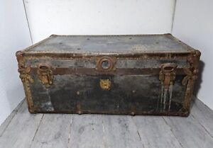 Antique American Metal Studded Flat Top Steamer Trunk With Tray San Francisco