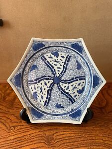 Japanese Old Imari Ware Blue White Hexagonal Plate Geometric Design Bats Birds