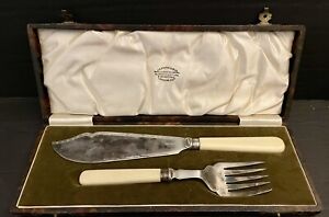 Vtg Antique Fish Serving Set Knife Fork W Celluloid Handles And Original Box