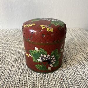 Chinese Cloisonne Tea Caddy Jar China Exotic Flowers Red Antique Copper