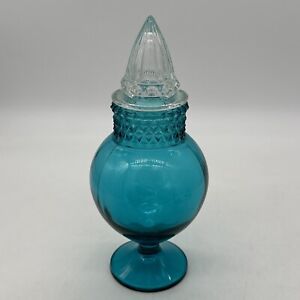 Antique Turquoise Blue Tiffin Dakota Glass Apothecary Jar With Cathedral Lid 11 