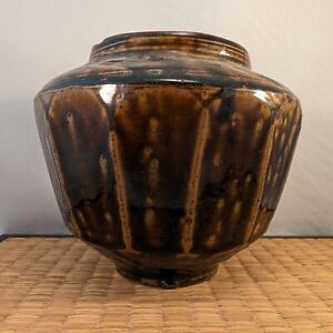 Antique Korean Ceramic Pottery Honey Jar 12 Sided Caramel Brown Korea 5 1 2 