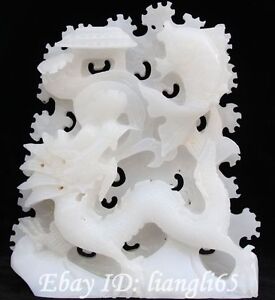 9 Chinese Natural White Jade Pure Handwork Zodiac Year Animal Dragon Fish Statue