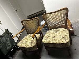 Pair Wingback Solid Wood Vintage Antique Mid Century Chairs Cane Wicker Back