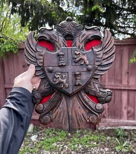 Antique Large Hand Carved Wooden Double Eagle Wall Plaque Coat Of Arms Crest