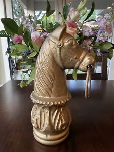 Antique Gilded Cast Iron Horse Head Hitching Post Topper With Brass Ring Bit