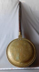 Antique Brass Bed Warmer 19th C Decorated Sponge Painted Turned Handle Engraved