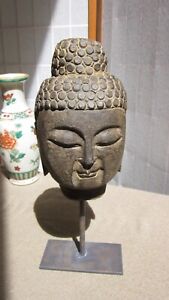 Chinese Or Thai Antique Buddha Head Statue Carved Stone On Iron Display Stand 